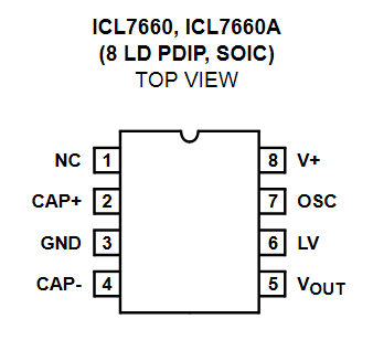 ICL7660 Pinout, taken from the Intersil / Renesas datasheet